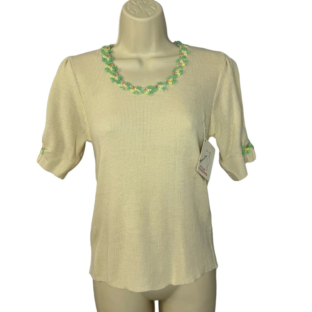 Helen Sue Vtg 70s Knit Sweater Blouse Flower Aplique Stretch Deadstock